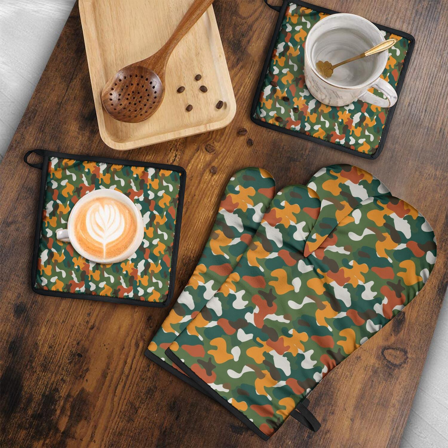 Camouflage Oven Mitts and Pot Holders Set Of 4, Heat Resistant Kitchen Gloves with Non-Slip Grip, Hanging Loop, Soft Cotton Lining for Baking, Cooking, Grilling, Barbecue