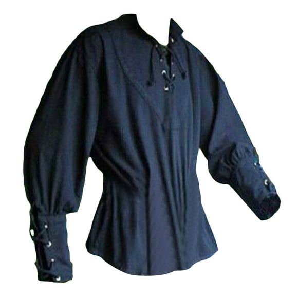 Ploknplq Men's Leisure Pirate Shirt Medieval Renaissance Relaxed Fit Hip Length Poet Collar Long Sleeve Lacing Blue M