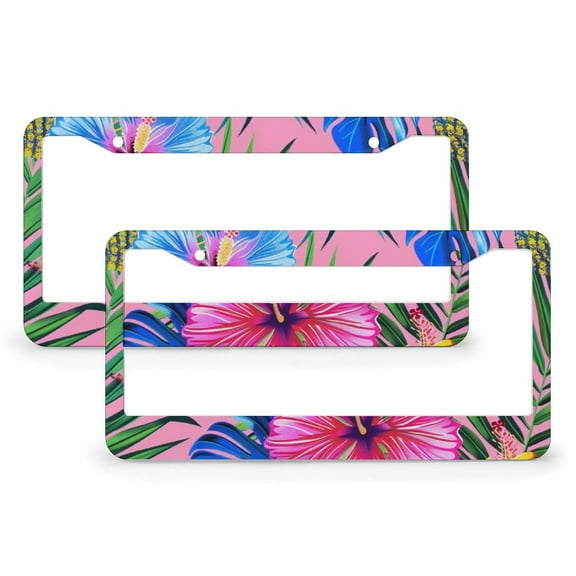 License Plate Frame Colorful Hibiscus Flower License Plate Frames Cover Holders 2 PCS Summer Palm Leaf Hawaii California Tree Jungle Metal License Plate Frames for Women Men US Vehicles 15.9*30.9CM