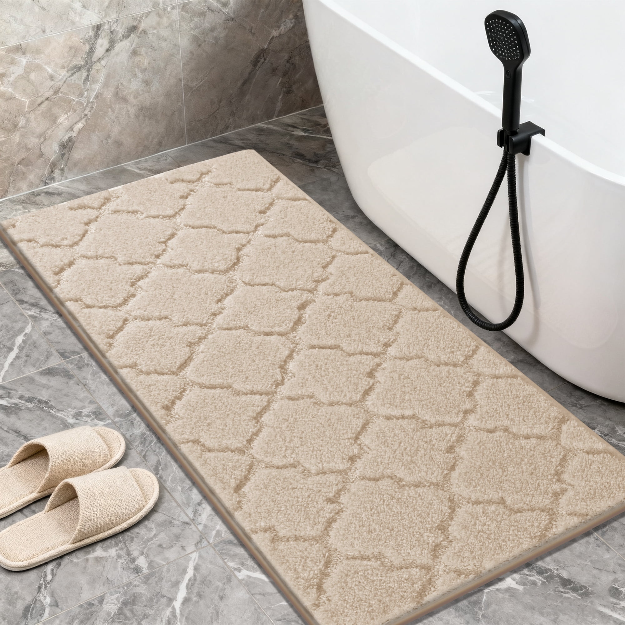 Findosom Bathroom Rugs Sets 3 Pcs,Non Slip Soft Absorbent Microfiber Bath Mats and U-Shaped Contour Toilet Rug,Machine Washable Plush Shaggy Bath Mat Set for Bathroom 18"x26"+18"x48"+U 20"x24" Beige