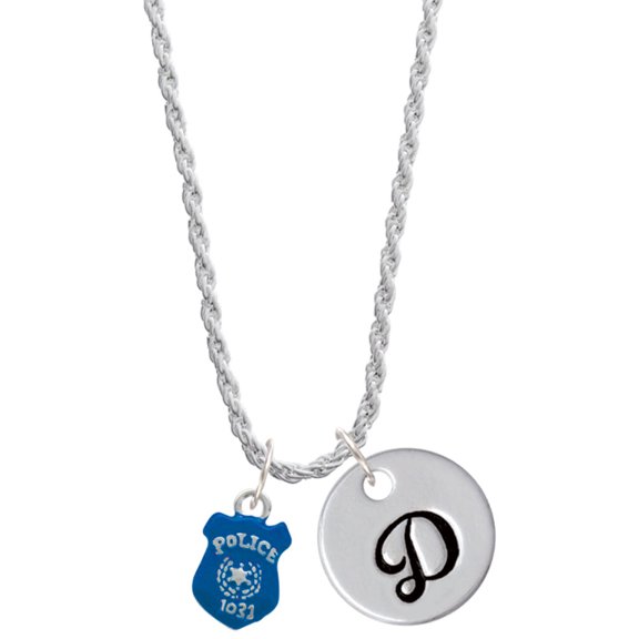 Delight Jewelry Silvertone Blue Policeman's Badge Silvertone Script Initial Disc - D - Charm Necklace, 20"+3"