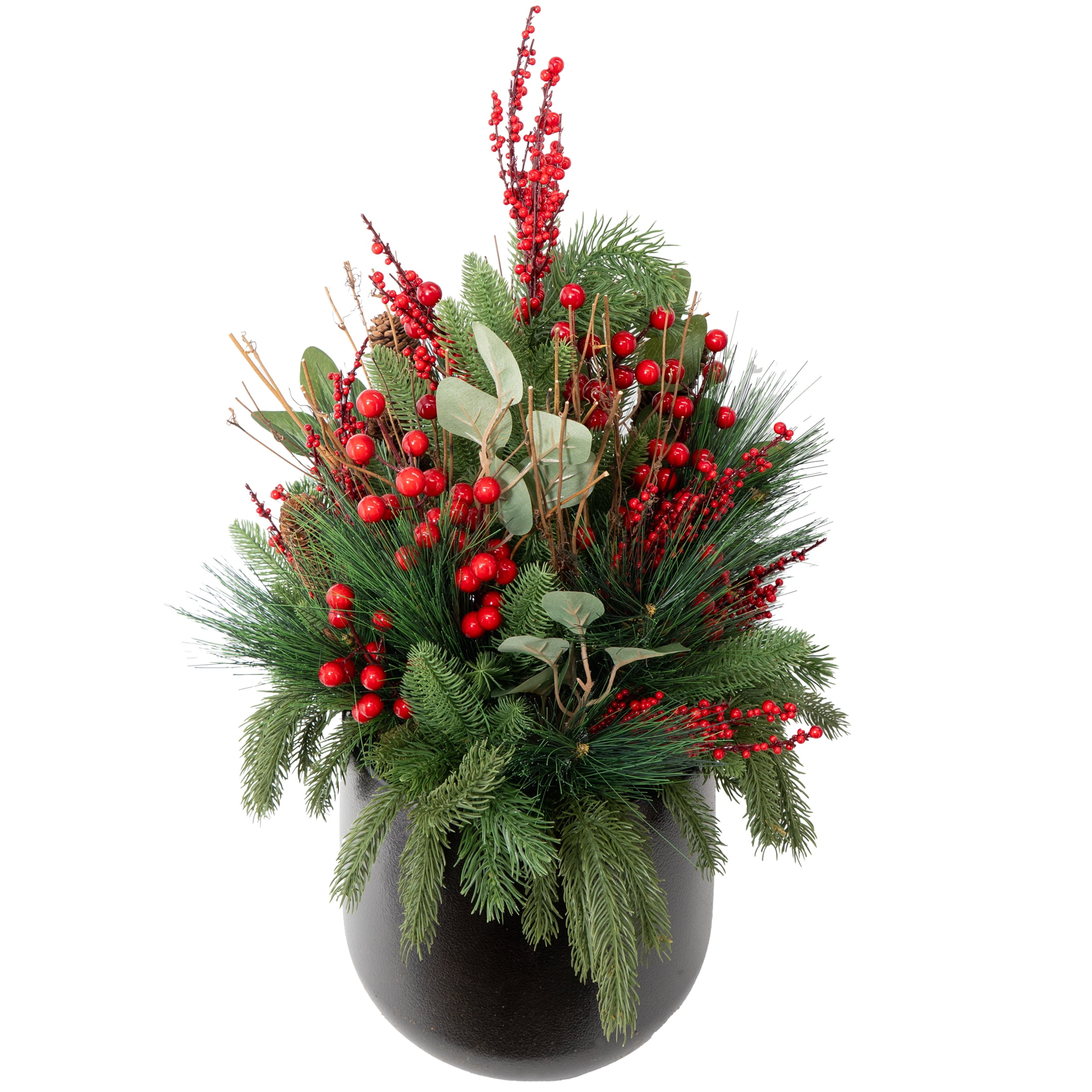 My Texas House Greenery and Berries Christmas Arrangement in Pot, Red/Green/Black, 30"