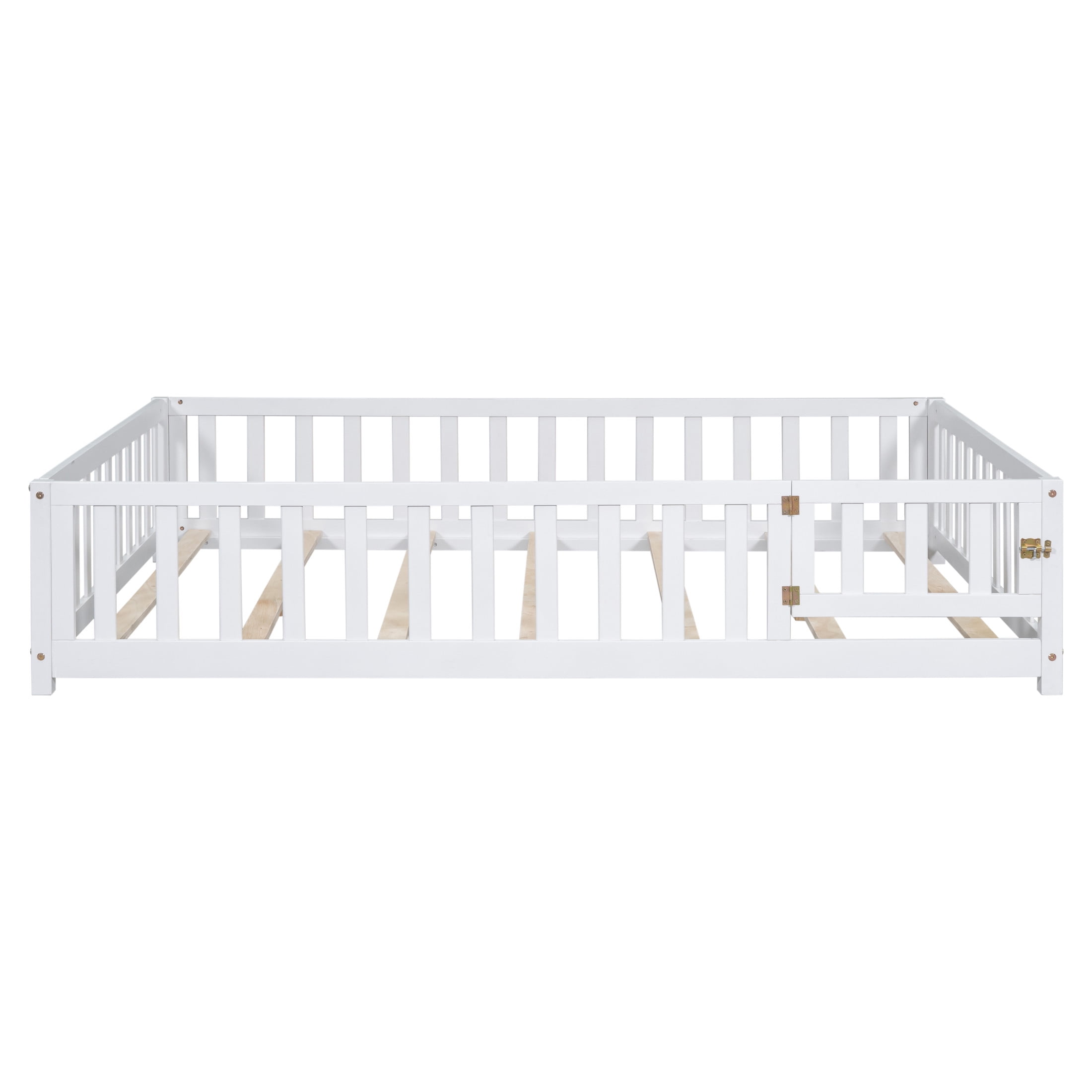Noble House Full-Size Montessori Floor Platform Bed, Solid Wood Floor Beds with Fence & Door, Toddler-Safe, White