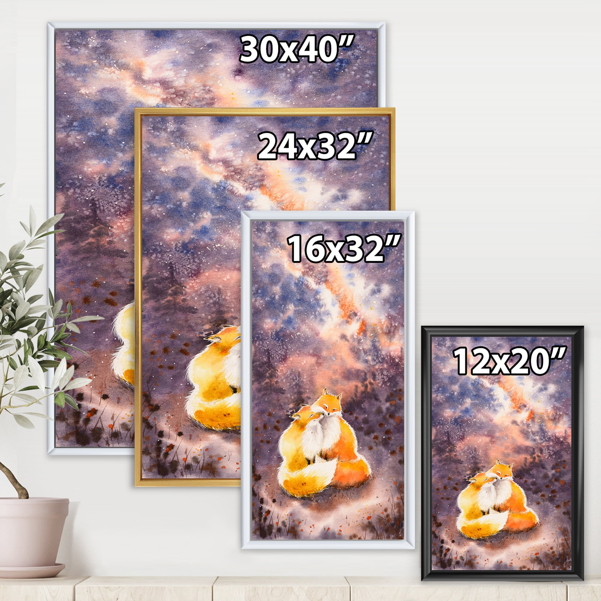 Designart 'Foxes Over A Night Sky Hugging ' Children's Art Framed Canvas Wall Art Print