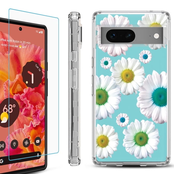 Shockproof Bumper Phone Case for Google Pixel 7, with Tempered Glass Screen Protector, by OneToughShield ® - Daisy/Teal