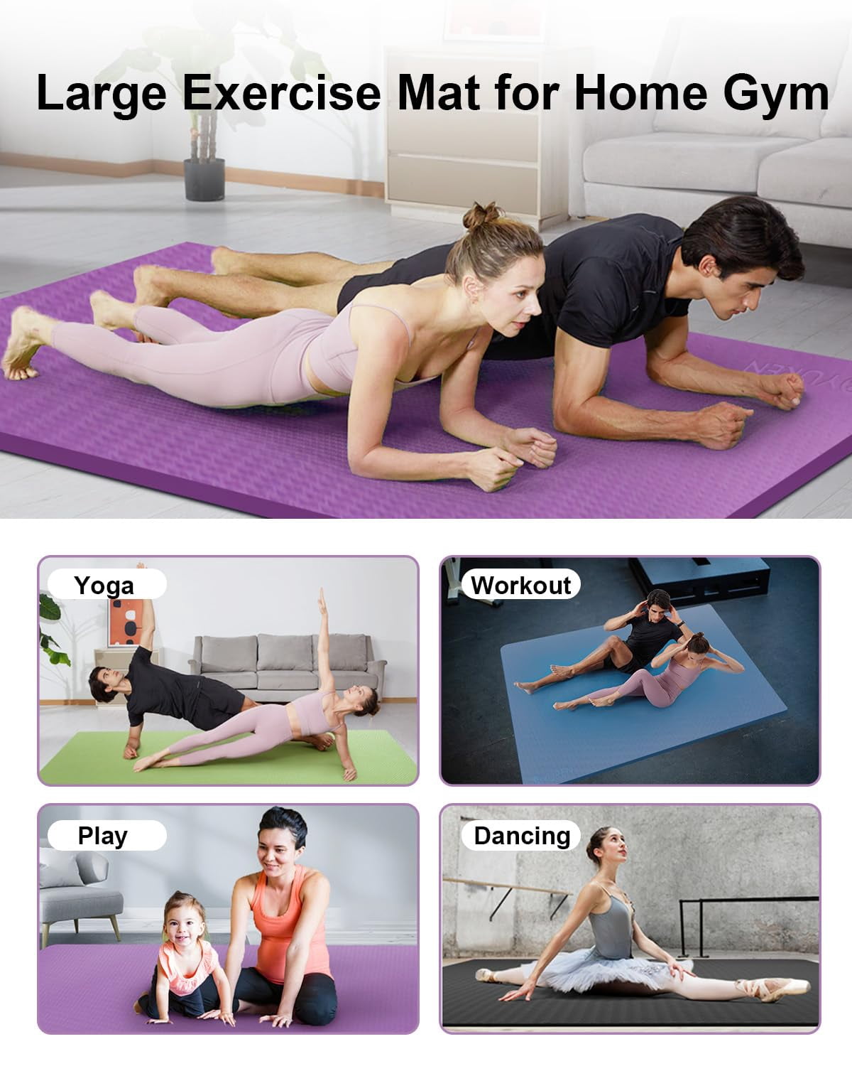 YR Large Exercise Mat 1/2" Thick TPE 78"X51" Yoga Heavy Duty Workout Gymnastic Mat, Purple
