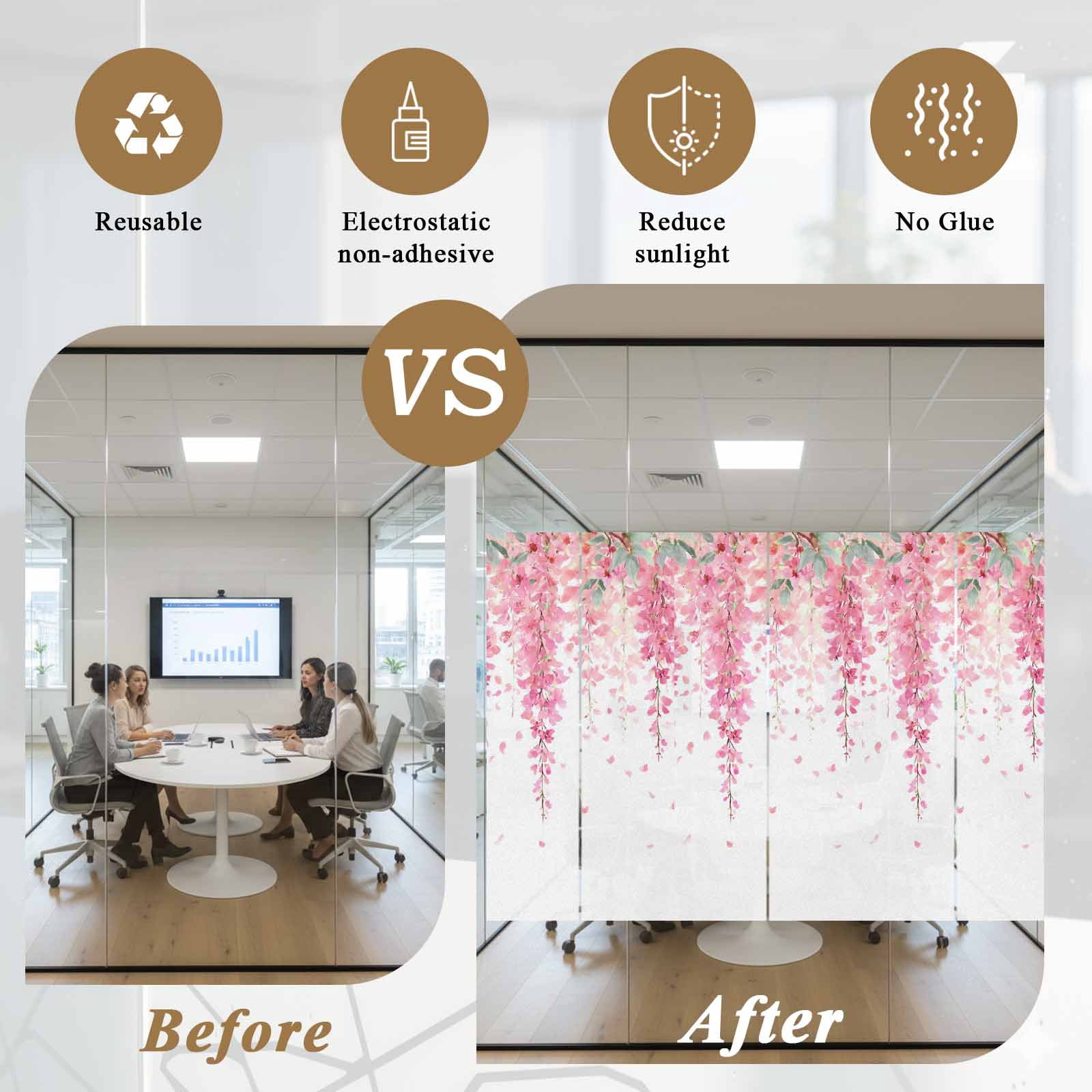 Spring Floral Window Privacy Film, Watercolor Pink Flowers Modern Rustic Farmhouse Frosted Glass Window Clings Static Cling UV Heat Blocking Reusable Door Sticker for Bathroom 23.6 x 59 Inch