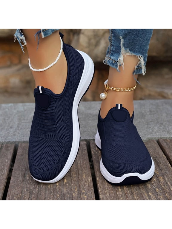Women's Slip On Walking Shoes, Breathable Fly Knit Lightweight Comfort Casual Sneakers for Elderly Seniors & Daily Wear 04-Navy 43