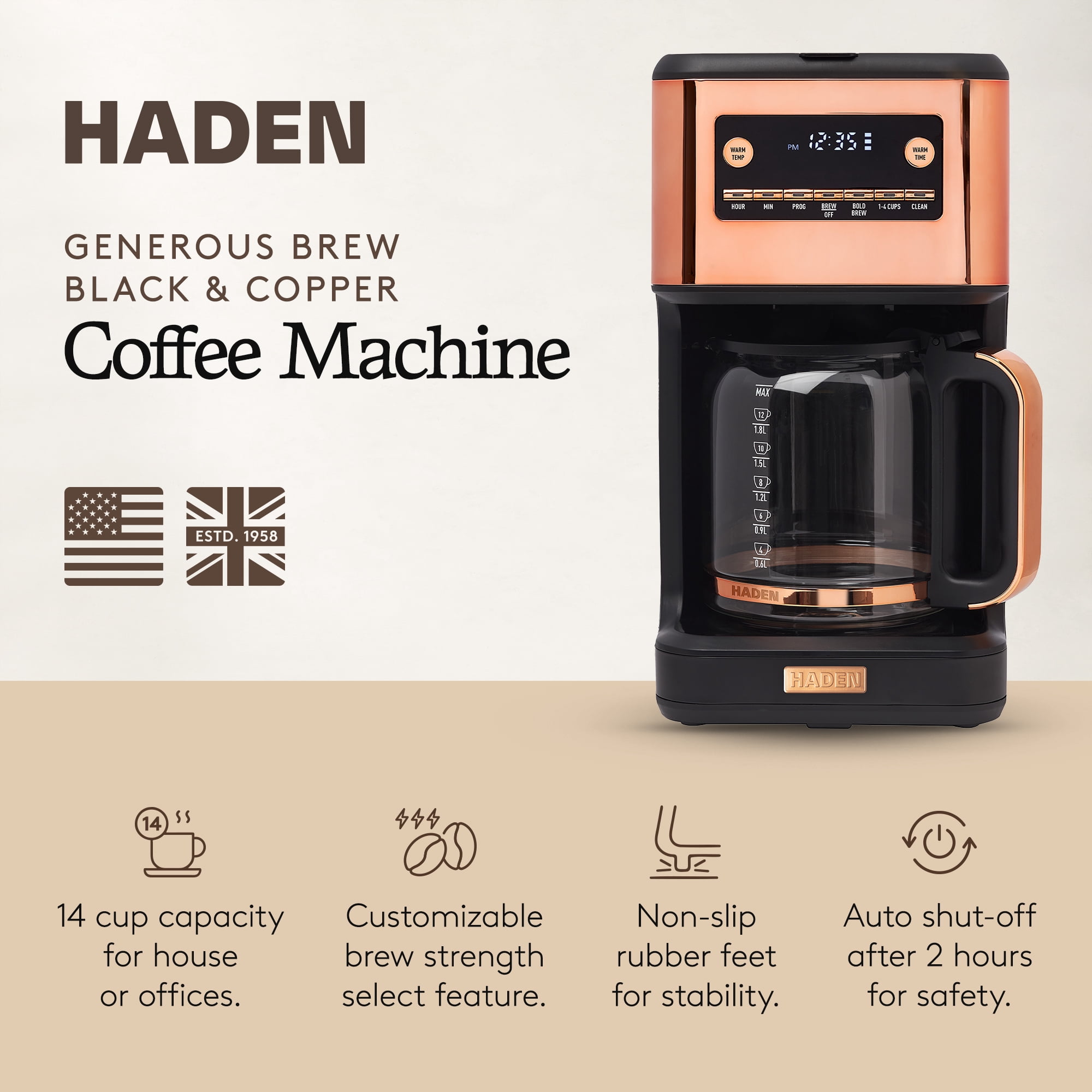 Haden Generous Brew 14 Cup Programmable Digital Coffee Maker, Black/Copper