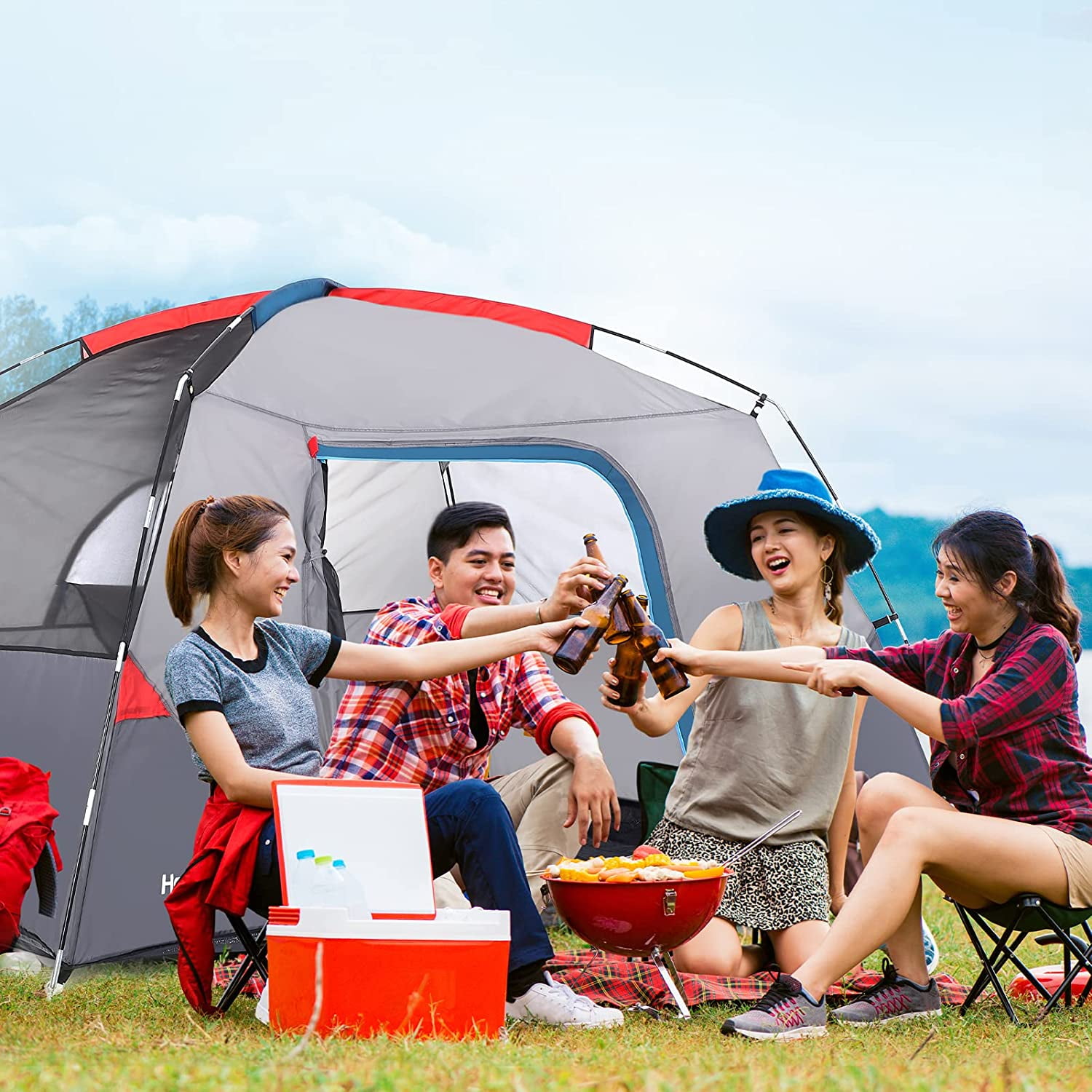 Lumiparty 4-6 Person Tent for Camping, Family Tent with Carry Bag, Easy Set up Instant Tents for Hiking Backpacking Traveling Outdoor, Gray & Blue