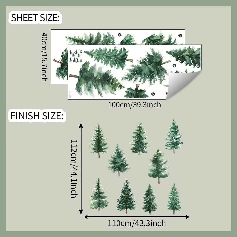 Watercolor Pine Tree Wall Decals Green Pine Tree Wall Sticker Large Tree Wall Decals Nature Woodland Forest Tree Wall Stickers for Nursery Bedroom Living Room Decor Peel and Stick