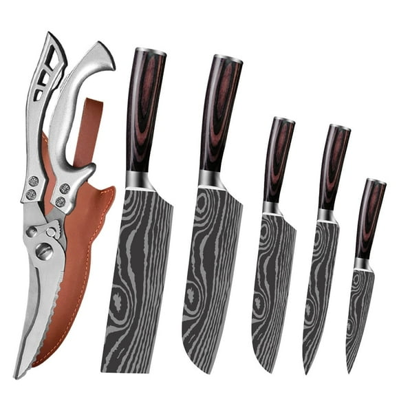 6-Piece Japanese Chef Knife Set with Kitchen Scissor Professional Kitchen Knives High Carbon Stainless Steel Slicing Knife with Red Pakkawood Handle