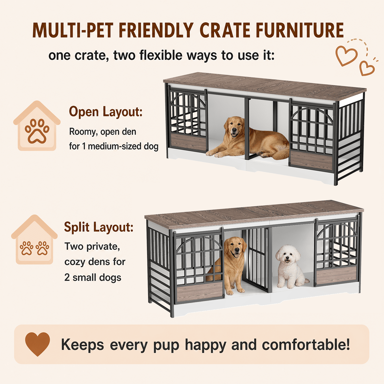 Fowroa 78 inch Extra Large Double Dog Crate Furniture, Heavy Duty Indoor XXL Dog Kennel with Removable Divider, White