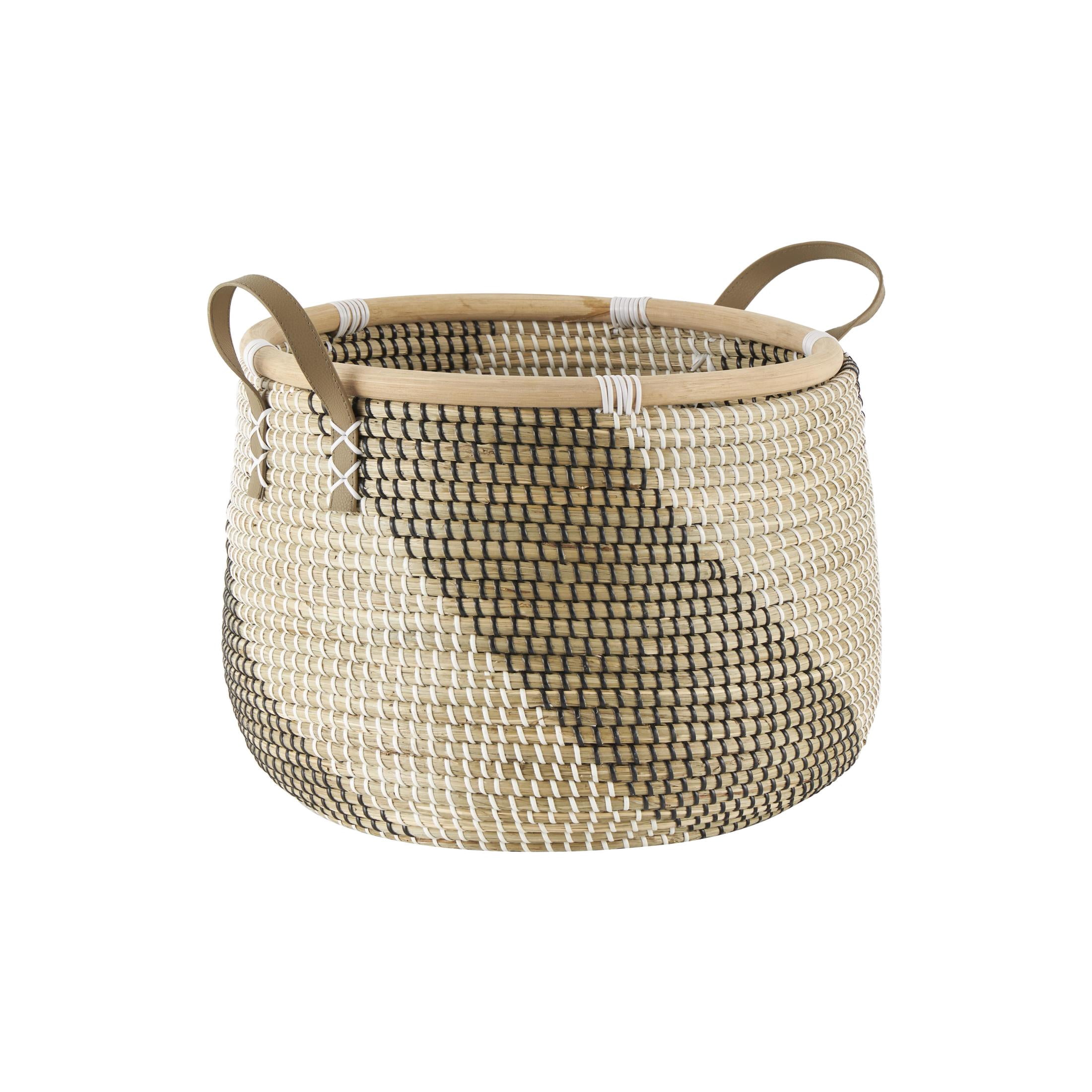 DecMode 18", 13"W Brown Seagrass Handmade Diagonal Striped Storage Basket with Leather Handles, 2-Pieces