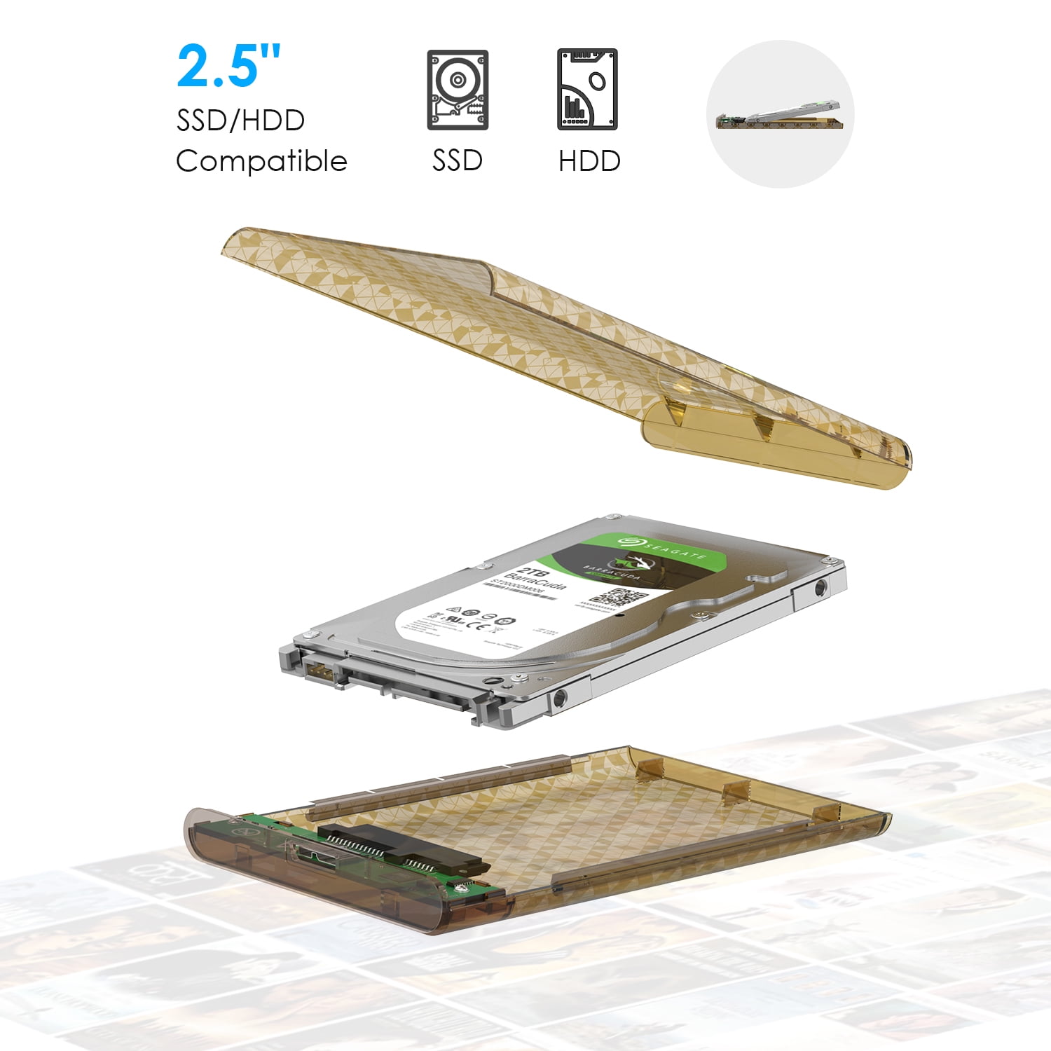 USB 3.0 to SATA External Hard Drive Enclosure for 2.5 inch 5mm/7mm/9.5mm SATA I/II/III HDD/SSD Support UASP Function, Max 4TB Tool-Free Design