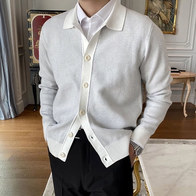 Mikilon Cardigan Tricoté à Revers pour Hommes, Chandail Élastique Ajusté