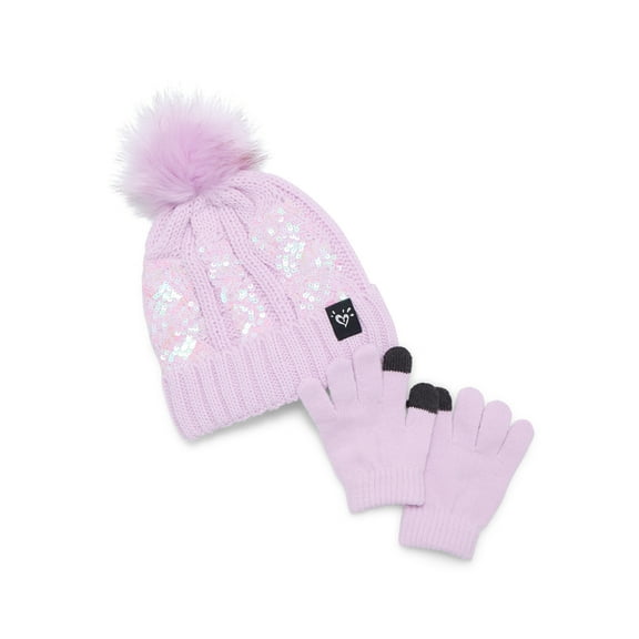 Justice Girls Sequin Cable Hat and Gloves Set, Pink