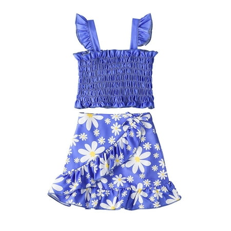 

Frobukio 2Pcs Kids Baby Girls Summer Outfits Solid Color Square Neck Ruched Tank Tops + Flower Print Skirt Clothes Purple 2-3 Years