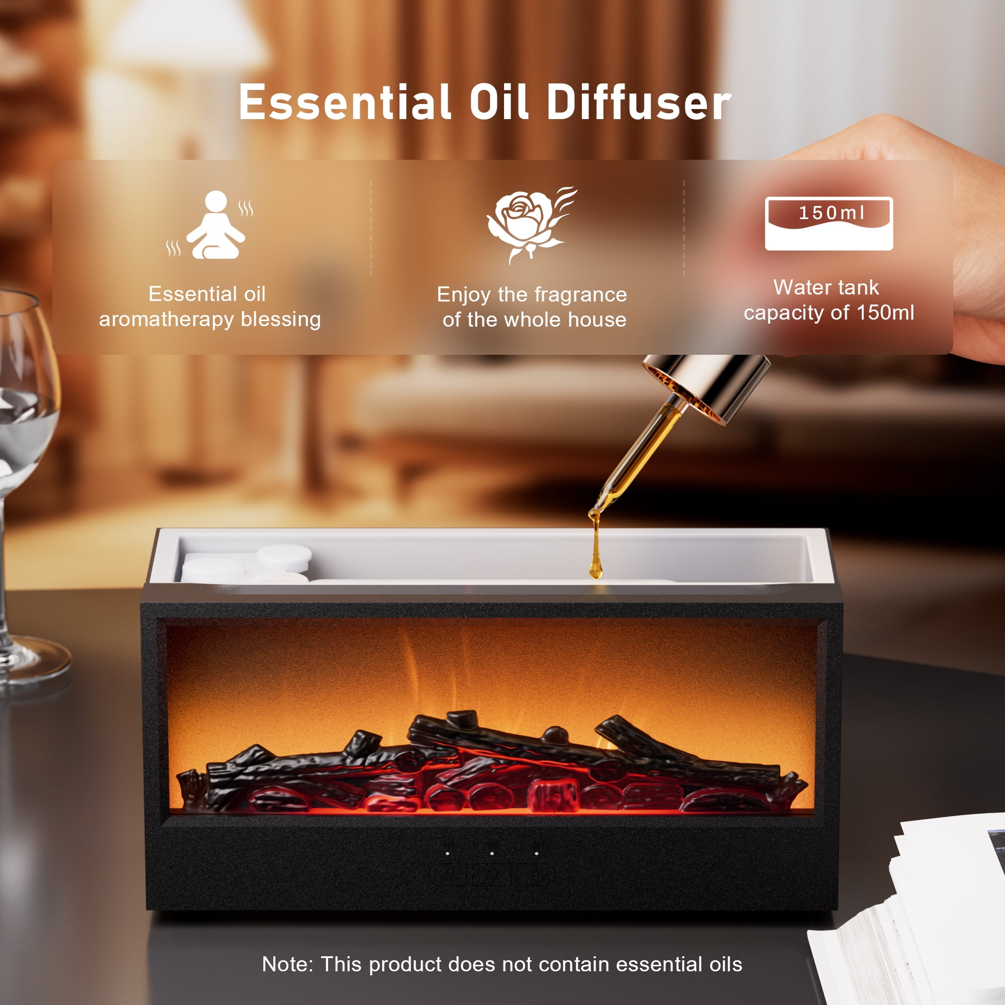 150ml Ultrasonic Aroma Humidifier & Essential Oil Diffuser with Remote Control, 7-Color Flame Effect, for Home Bedroom Office Black