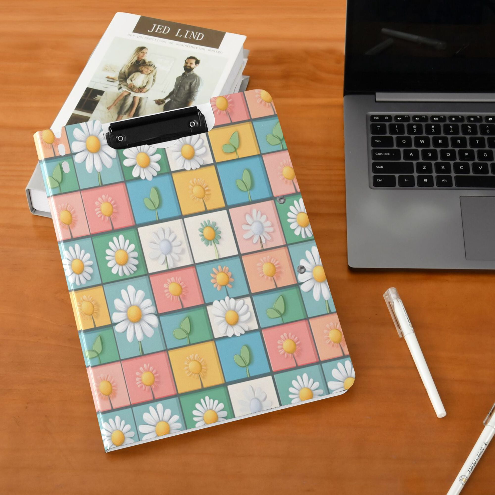 FORMRS A4 Clipboard Folder with Pen Holder Horizontal Foldable School Office Binder, Daisy Mosaic