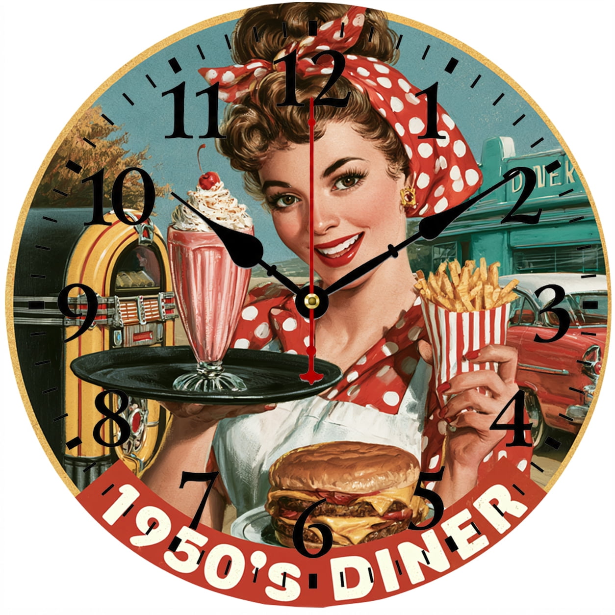 9.84 in Retro 1950s Diner Wall Clock, Battery Operated Analog Clock with Easy-to-Read Numbers, Vintage Kitchen Restaurant Cafe Decor
