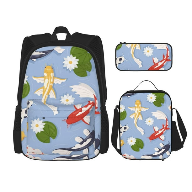 Easygdp Colorful Koi Fish Mochila para Niños y Niñas con Set de Caja de Almuerzo y Estuche para Lápices 3 en 1, Mochila Escolar Estampada para Adolescentes