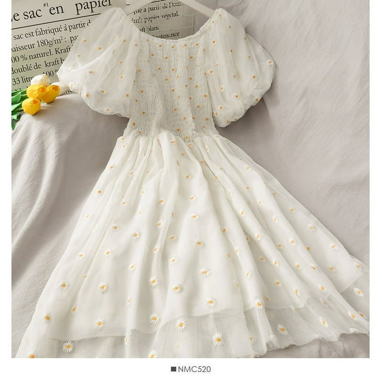 Women s Fairy Little Daisy Dress Pleated Stretchy Breathable Dress for Dating Working Shopping White Walmart