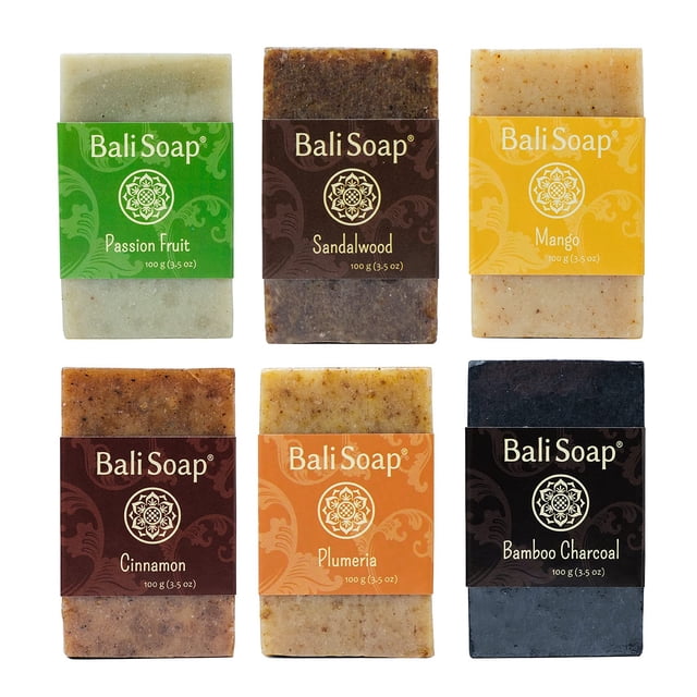 Colección Bali Soap Orange – Paquete variado de 6 barras naturales de proceso en frío – Limpiador exfoliante para cara, manos y cuerpo – Hecho a mano a base de plantas – 3.5 oz cada uno