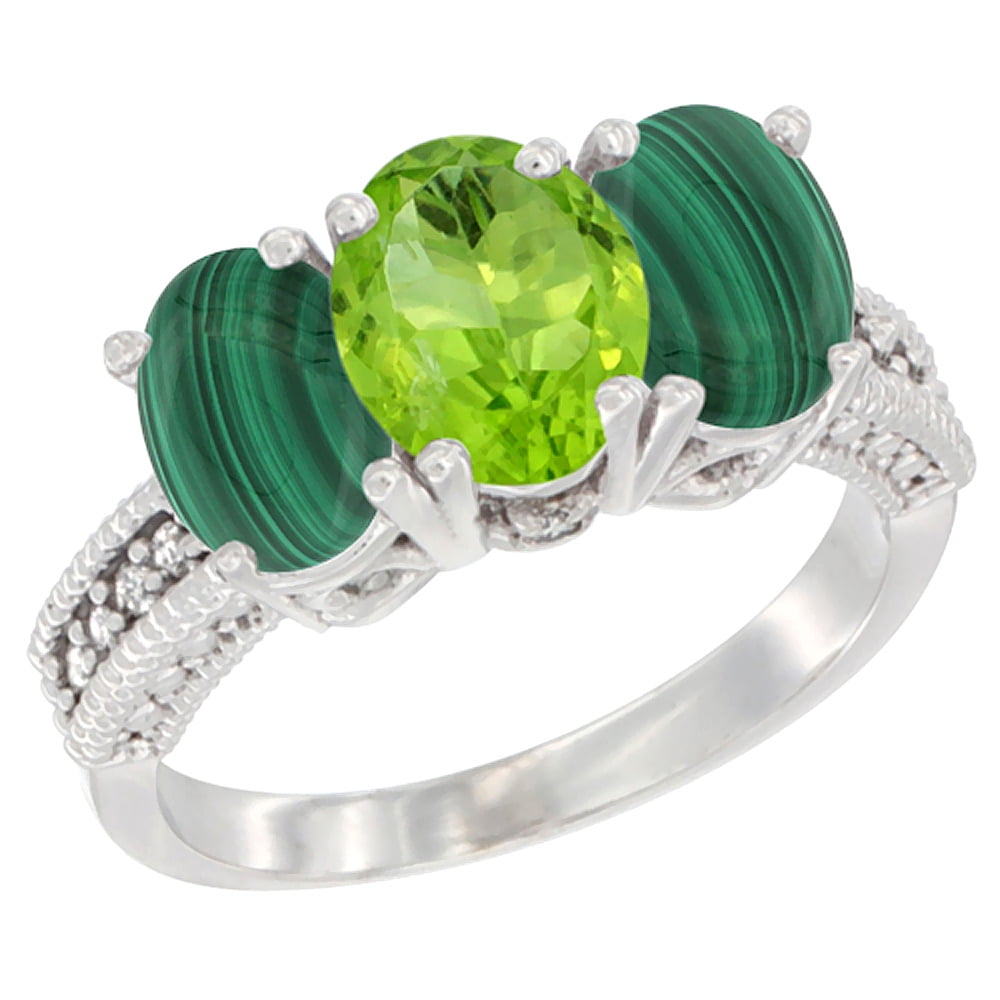 10K White Gold Diamond Natural Peridot & Malachite Ring 3-Stone 7x5 mm Oval, sizes 5 10 by WorldJewels