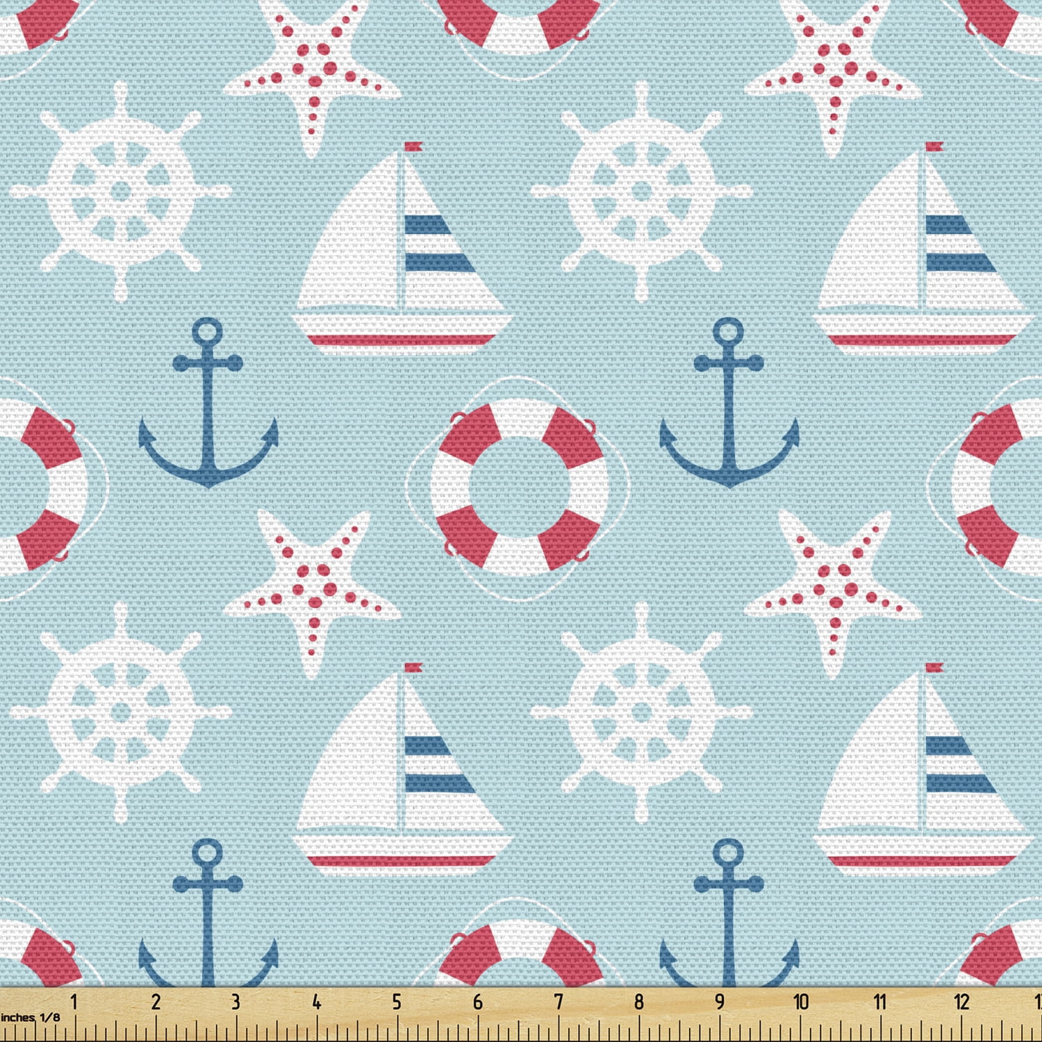 Blue Nautical Fabric by The Yard, Print of Marine Elements Anchor ...