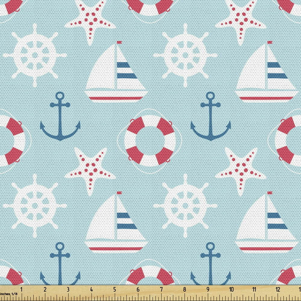 Blue Nautical Sofa Upholstery Fabric by the Yard, Print of Marine