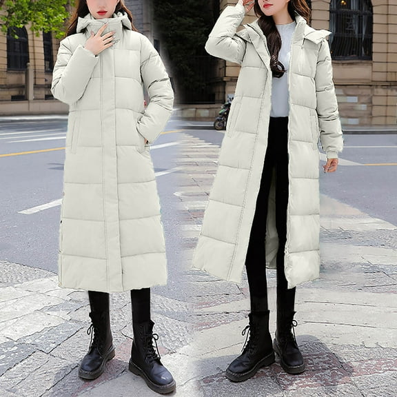 UPPADA Women's Winter Coats with Hood Fashion Warm Long Fall Jackets Clothes Oversized Shearling Fleece Long Coats Jackets with Pockets Winter Coat Women Waterproof 3 In 1 Beige,L