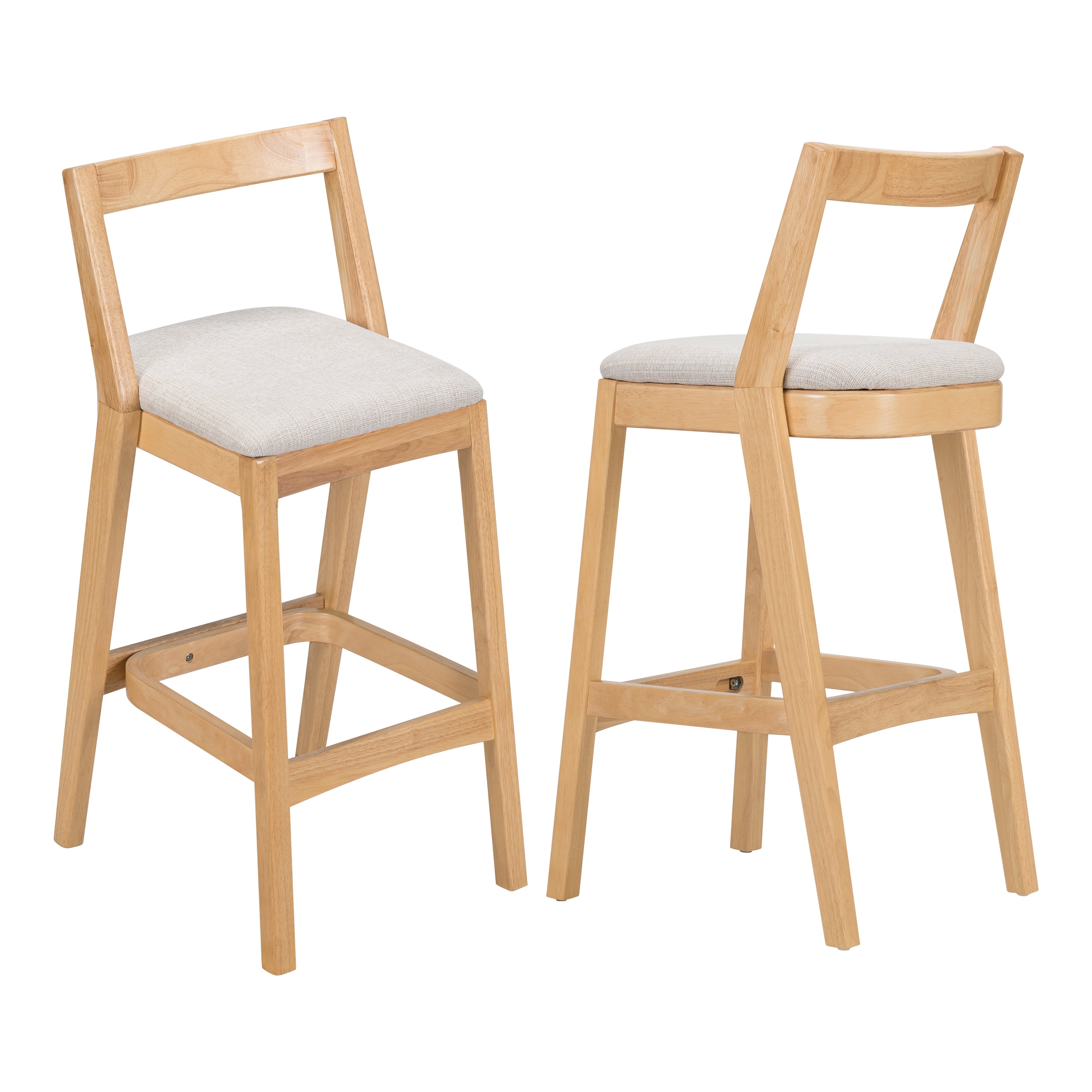Counter Height Bar Stools, Rubberwood Stools with Beige Polyester Fabric Seat and Natural Wood Finish, Rustic Dining Stools for Kitchen, Pub, Dining Room, Set of 2