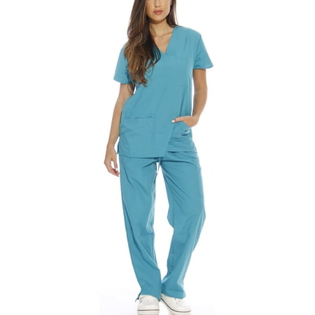 

Just Love Women s Six Pocket Medical Scrubs Set (V-Neck with Cargo Pant) (Teal Medium)