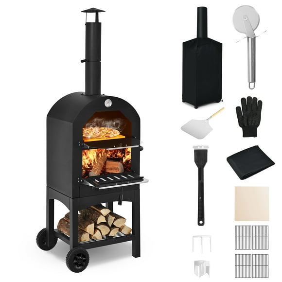 Topbuy 2 Layer Steel Pizza Oven Wood Fire Pizza Grill Maker with Waterproof Cover&Pizza Stone for Outdoor
