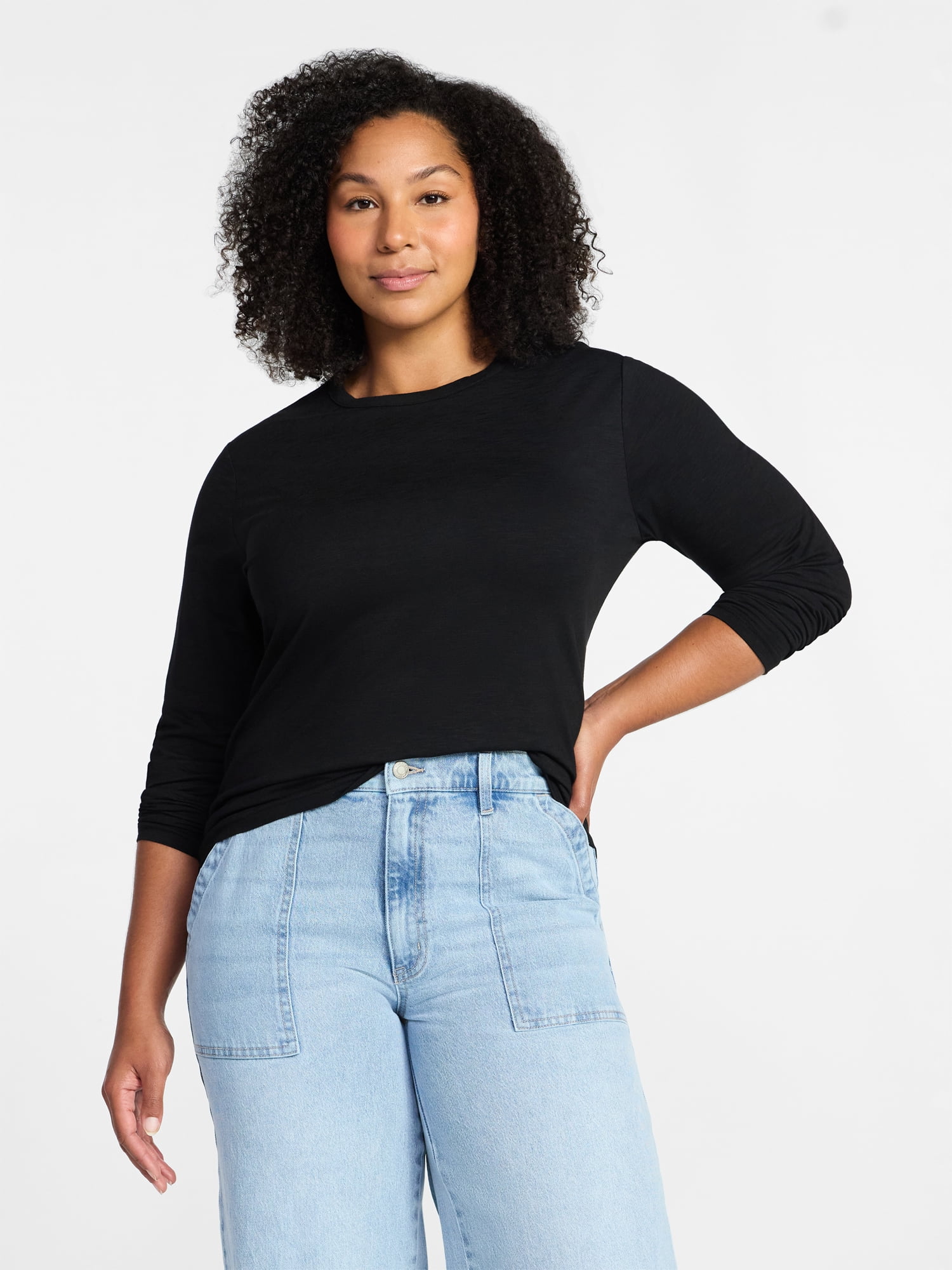 Time and Tru Women’s Slub Crewneck Tee with Long Sleeves, Sizes XS-XXXL