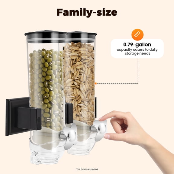 ChicHomey​​ Wall-Mounted Dual Container Cereal Dispenser,3L Dry Food Dispenser,Grains Dispenser Coffee Bean Candy Dispenser,Modern Black Kitchen Organizer​