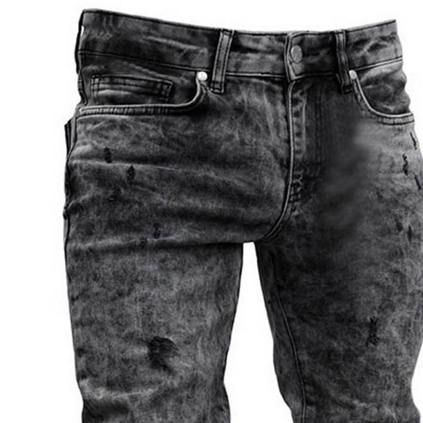 Men's Pants Jeans Fashion Denim Thin Jeans Men's Ripped Holes Slim Straight  Stretch Casual Tight-Fitting Comfortable Transparent Denim Trousers Gray