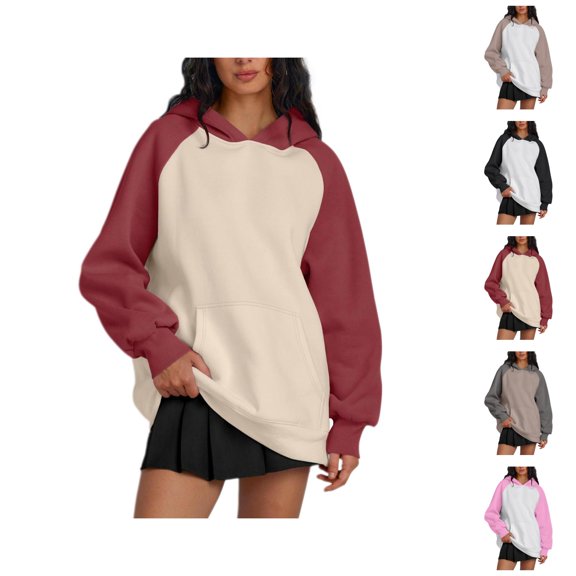 Oversized Hoodies for Women 2025 Fall Winter Long Sleeve Color Block Hooded Sweatshirt with Pockets Pullover Tops