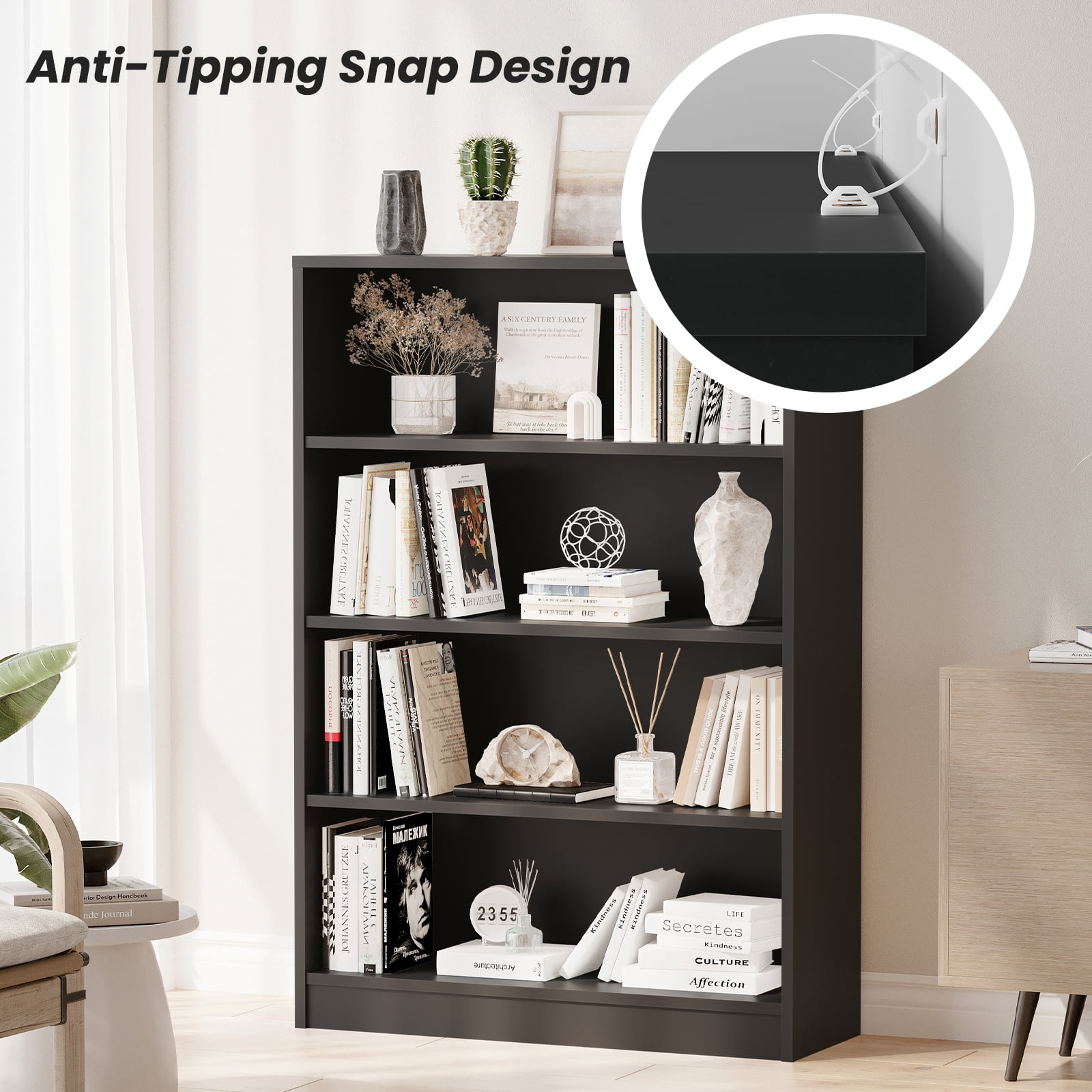 STARY 4 Tiers Bookcase, Wooden Bookcase with Adjustable Shelves for Home, Office, Black