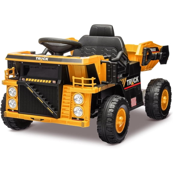 12V Ride-On Dump Truck RC Electric Construction Truck with Lift-Up Bed 2-Speed 4-Wheel Shock Music - Yellow