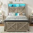 thumbnail image 3 of Farmhouse Twin Size Bed Frame with Charging Station and LED Lights, Twin Platform Bed with Tall Headboard,Bed Frame with Storage Ottoman, No Box Spring Needed, Gray, 3 of 9