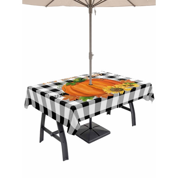 Outdoor Tablecloth with Umbrella Hole and Zipper, Thanksgiving Rectangle Table Cloth 52x70 Inch Waterproof Tablecloth, Fall Orange Pumpkin Flower Leaf Buffalo Plaid Picnic Table Cover for Patio