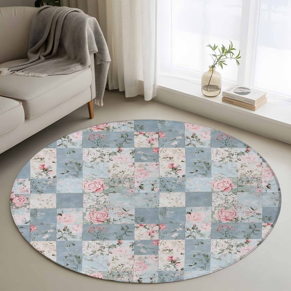 3ft Round Rug, Blue Pink Botanical Non-Skid Rubber Backing Large Area Rugs - Living Room Bedroom Home Office, Spring Floral Vintage Indoor Floor Mat Carpets Washable Rug