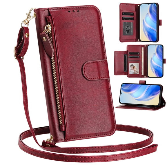 ShellTech Zipper Wallet Case for iPhone 17 Pro,Magnetic Closure Premium Leather Card Slots Wallet Case with Crossbody Shoulder Strap / Wrist Strap Shockproof Kickstand Cover,Winered