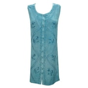 Mogul Women's Tie Back Shift Dress Blue Button Front Embroidered Sleeveless Dresses