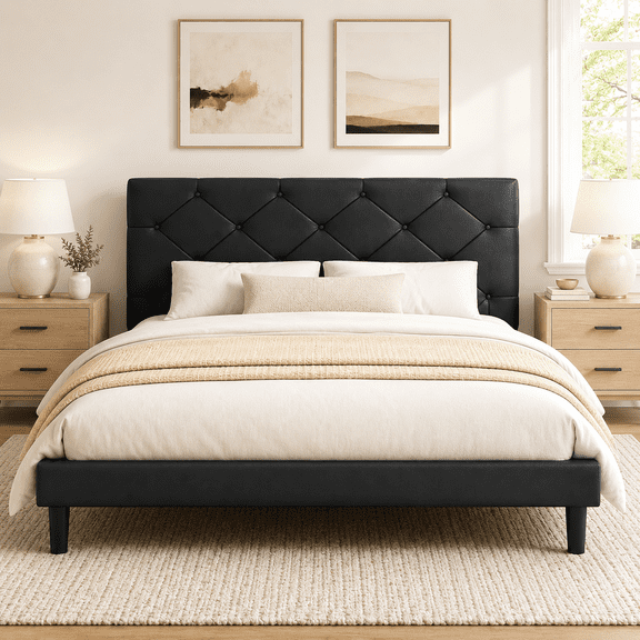 Queen Bed Frame with Upholstered Faux Leather Headboard, UHOMEPRO Platform Bed Frame with Wood Slat Support, No Box Spring Needed, Black