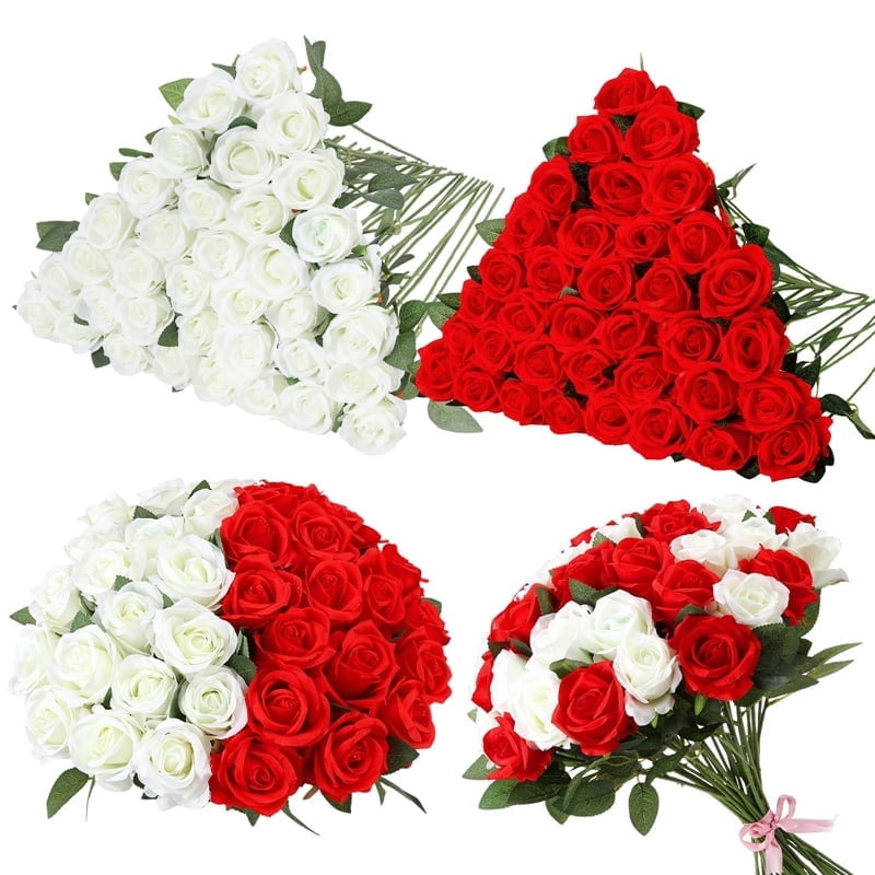 Armscye 80 Pcs 20.5" Artificial Silk Roses Bulk - Velvet Fake Flowers for Wedding Bouquet, Bridal Centerpiece, Mother's Day, DIY Home Decor (Red+White)