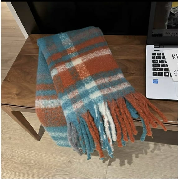 Nvzi-a Women's Fashion Scarves Long Shawl Winter Thick Warm Knit Large Plaid Scarf，Orange Blue