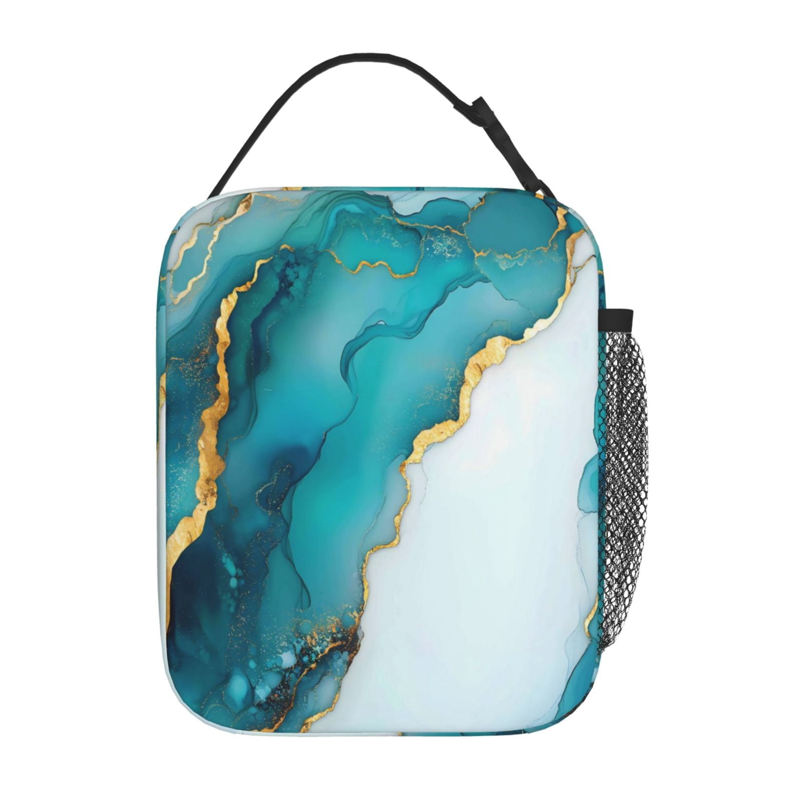 Lunch Bag For Women Men Insulated Portable Lunch Box Bento Box Office Picnic Travel Cooler Bag Skyblue And White Gold Marble